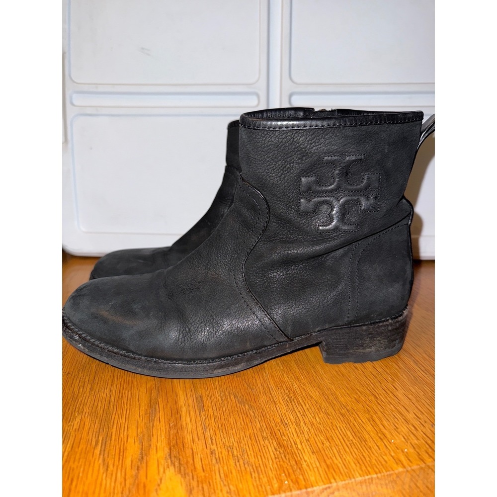 Tory Burch Black Leather Embossed Logo Ankle Boots Women's Size 10